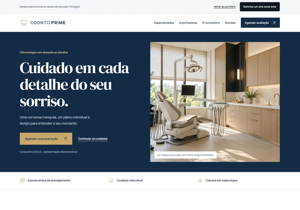 Prévia navegável do projeto fictício ODONTO PRIME