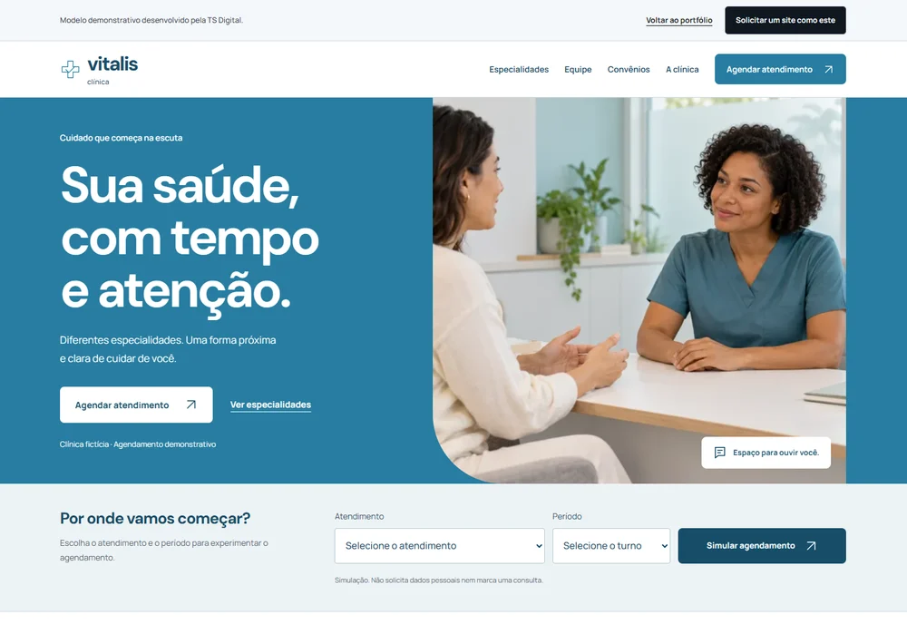 Prévia navegável do projeto fictício VITALIS CLÍNICA