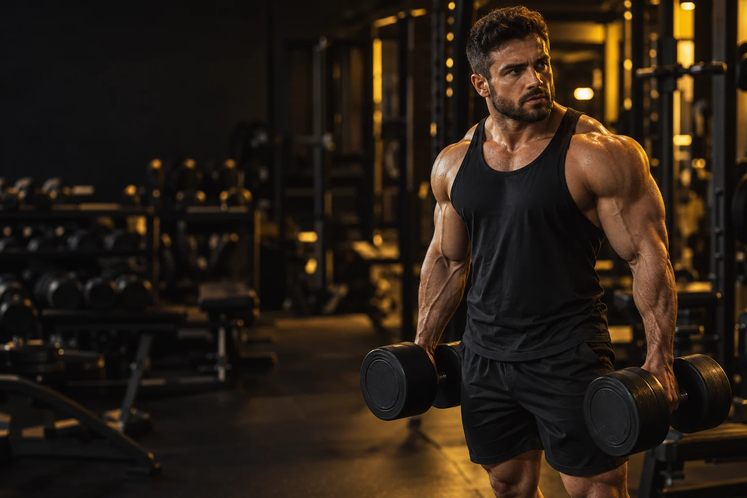 Atleta treinando musculação com halteres