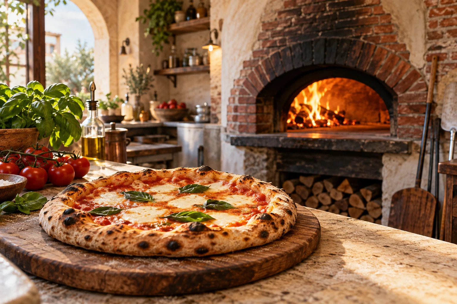 Pizza margherita sobre bancada com forno a lenha ao fundo; ambiente fictício gerado