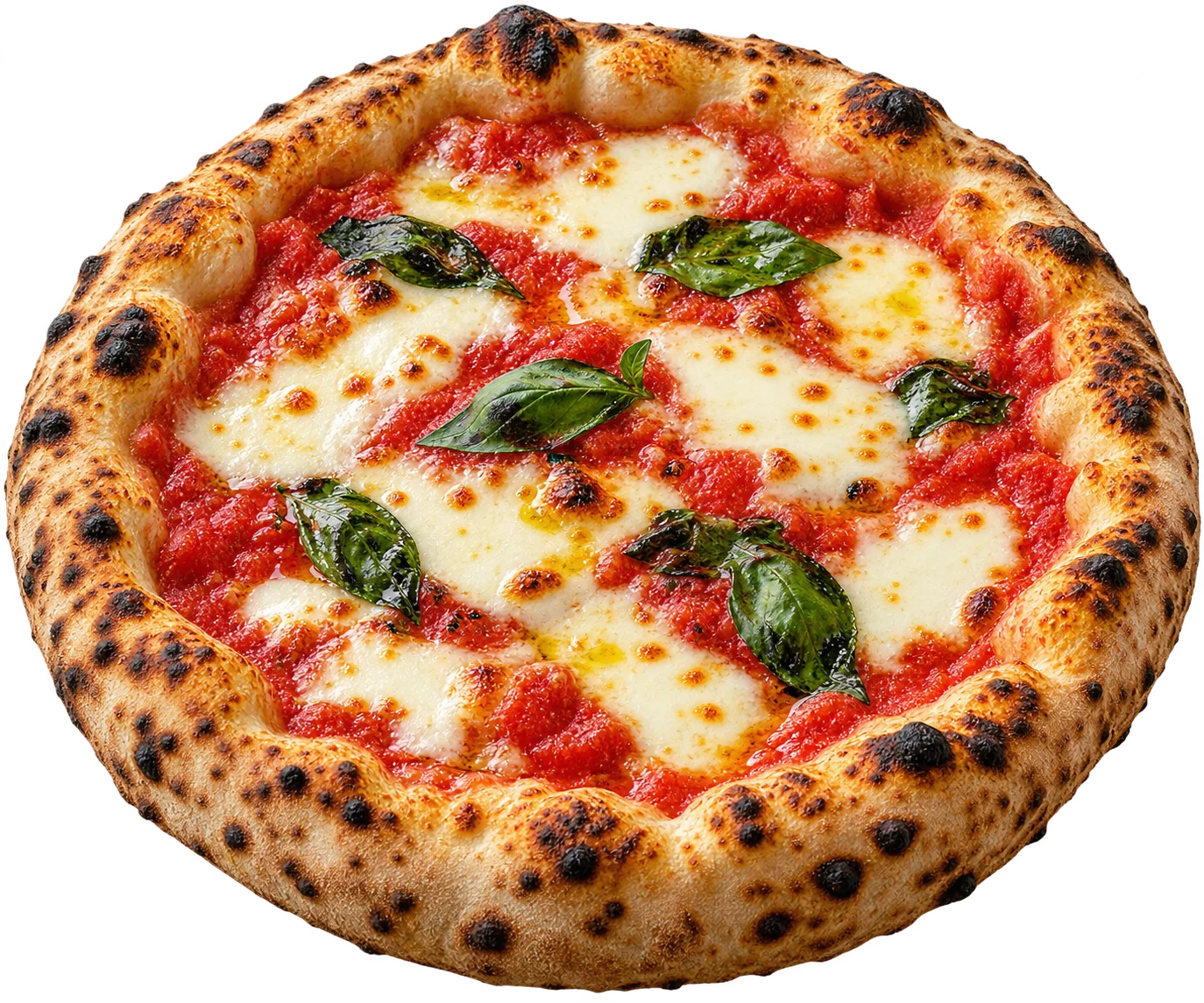 Pizza margherita com borda dourada, tomate, queijo e manjericão; fotografia ilustrativa gerada
