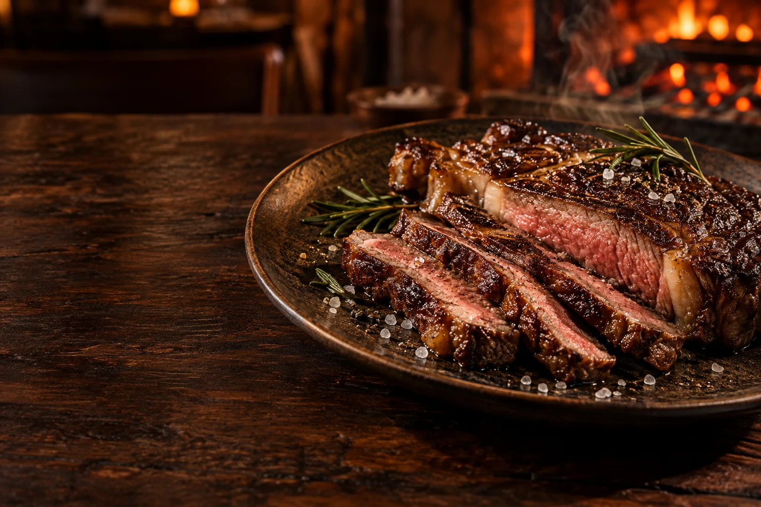 Carne grelhada fatiada sobre prato rústico, com ervas e iluminação quente; fotografia ilustrativa gerada