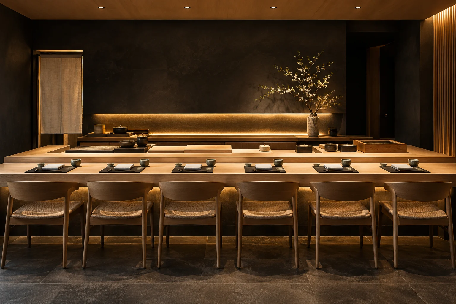Balcão japonês fictício de madeira clara, banquetas, cerâmicas e iluminação suave