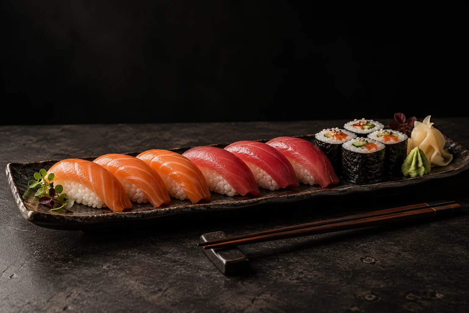 Bandeja escura com nigiri de salmão e atum e peças de maki; fotografia ilustrativa gerada