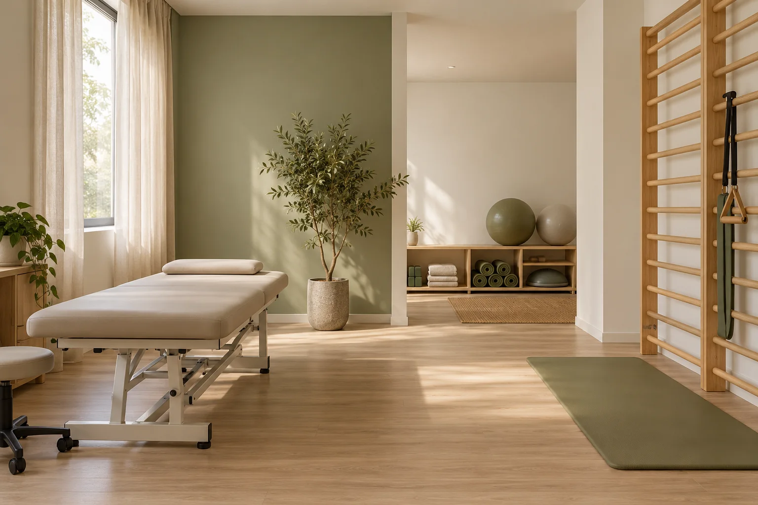Sala ilustrativa de fisioterapia com materiais naturais, aparelhos e iluminação suave