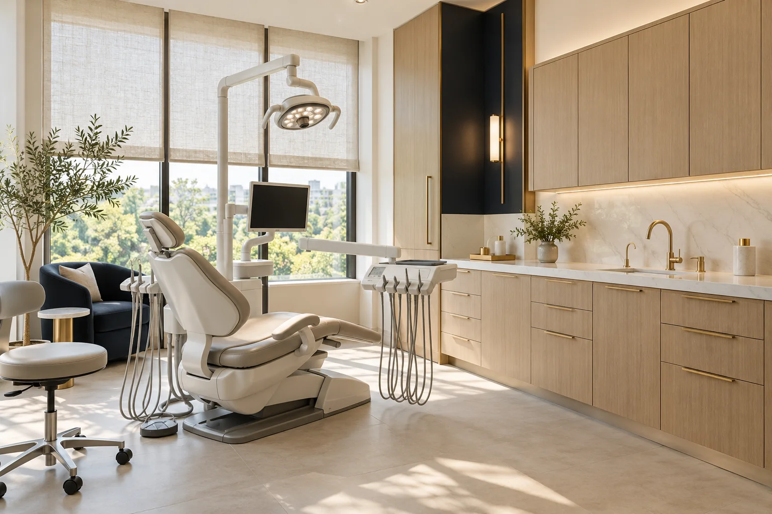 Consultório odontológico ilustrativo com luz natural, madeira e cadeira de atendimento; imagem gerada