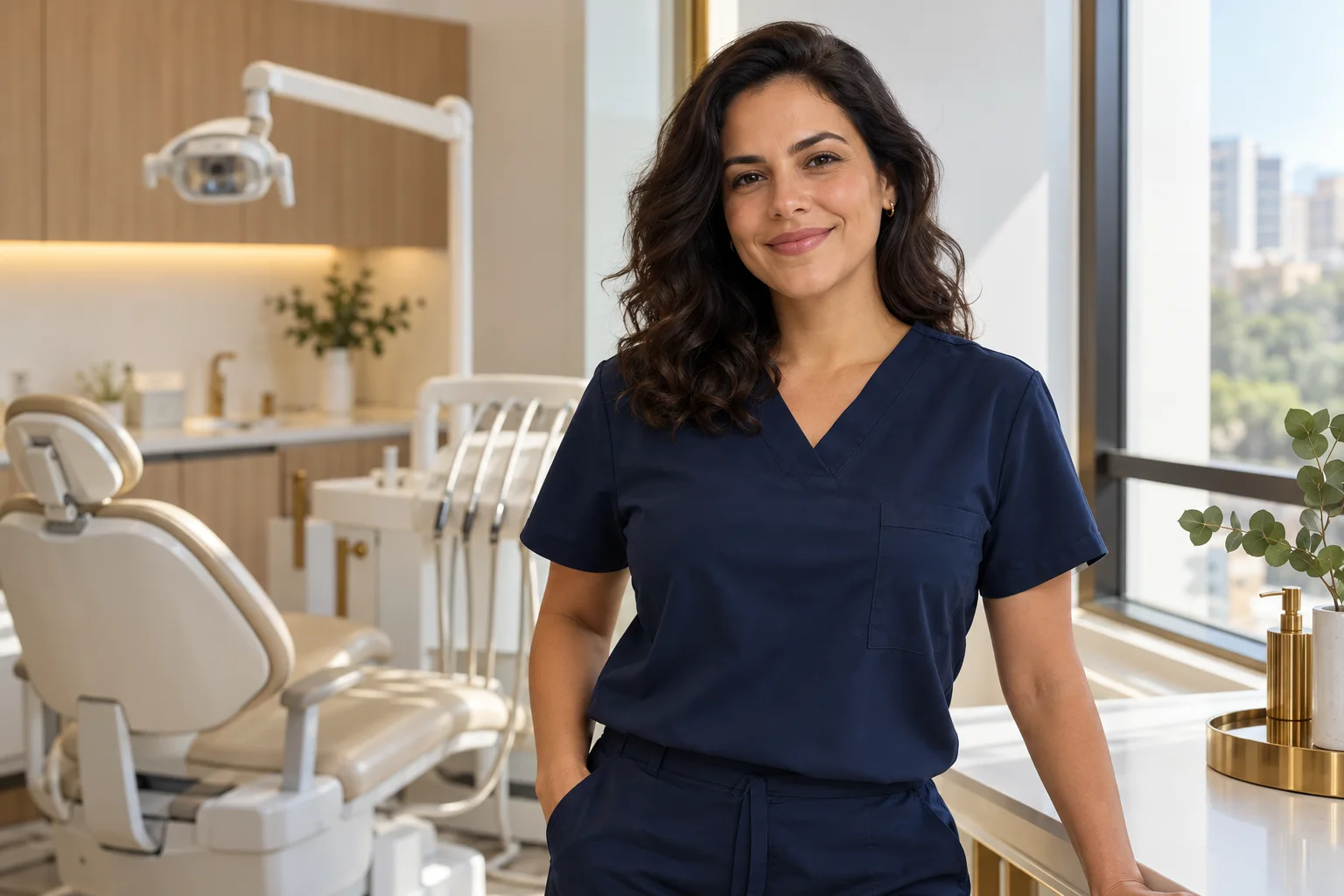 Retrato ilustrativo da personagem fictícia Marina Alves em um consultório odontológico